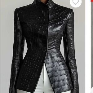 STYLEWE Black Crocodile-Pattern Leather Jacket